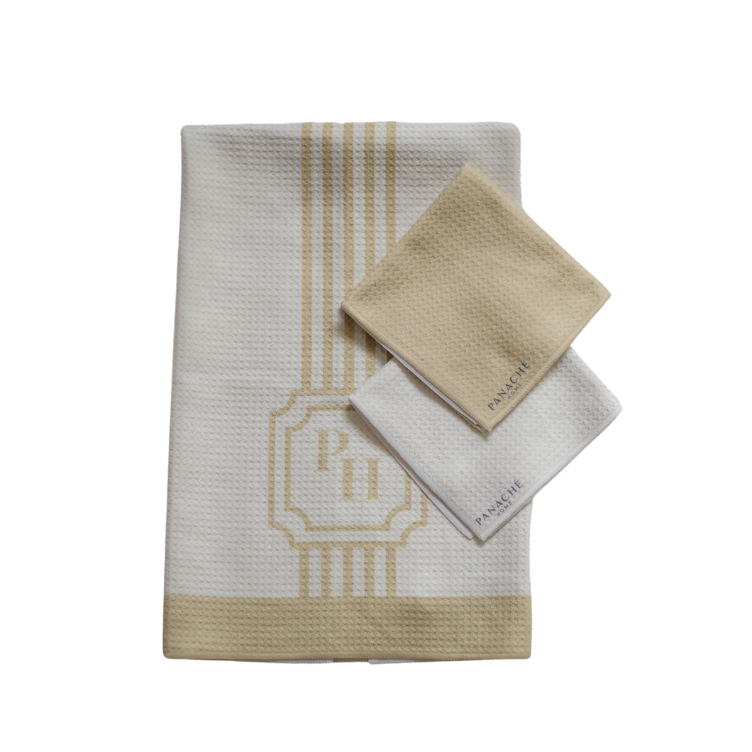 Panache Home Classic Stripe Beige Tea Towel and Dishcloth Set