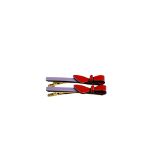Load image into Gallery viewer, Cassandra Two Tone Lilac and Red Bow Clips