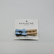 Load image into Gallery viewer, Cassandra Two Tone Beige and Blue Bow Clips